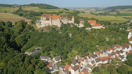 An aerial panorama view around the old city Harburg in Bavaria in Germany on a sunny day in summer.