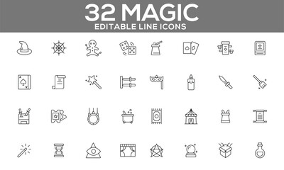 Magic Line Icons &ndash; Editable Vector Set for Fantasy and Illusion Themes