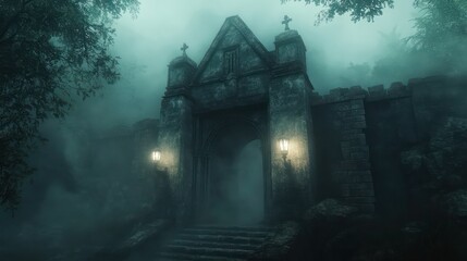 Ancient crypt entrance shrouded in mist and eerie lighting