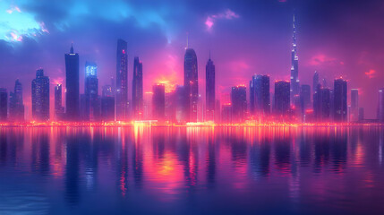 Fototapeta premium A vibrant city skyline at dusk reflecting on water, showcasing modern architecture.