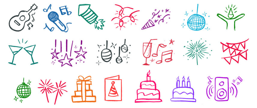 Party Birthday Related Icons Crayon Chalk Drawing Vector Set