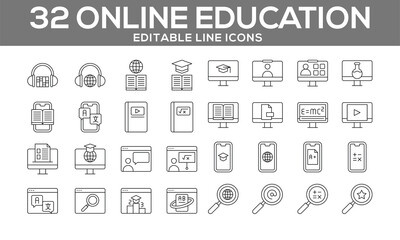 Online Education Line Icons Set - 32 Editable Vector Icons