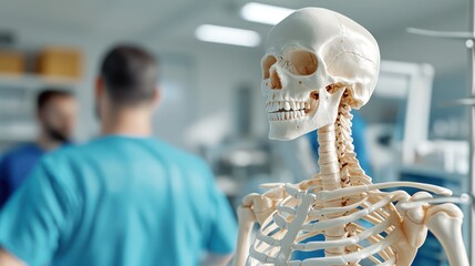 A medical skeleton model in a clinical setting with blurred figures in the background.