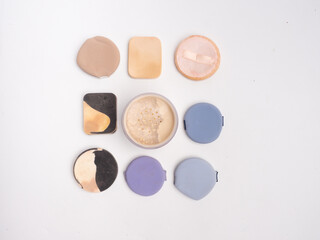 Cosmetic sponges, powder,top view, Pattern made of colorful beauty blenders. Flat lay. Face sponge powder isolated on white