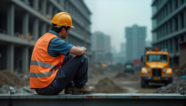 Construction worker sits dejectedly on construction site. Appears weary, distressed likely due to job loss low pay. Construction equipment, buildings in background illustrate hardship amid progress.