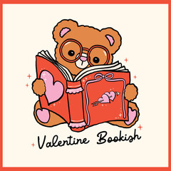 Retro Valentine Bookish Teddy Bear Reading Book Whimsical Bold Lined Hand Drawn