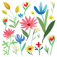 Set of hand drawn fantasy flowers. Multicolored flowers and branches. Children's drawing.