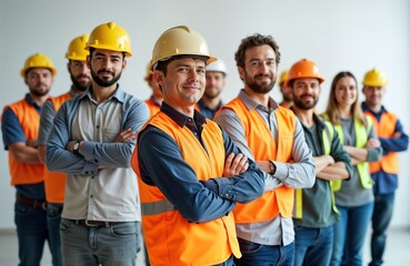 Confident diverse team of skilled workers stands in modern studio. Workers wear safety gear, professional work attire. Ready for work, collaboration, service. Image highlights teamwork, diversity,