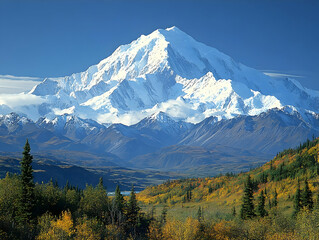 Fototapeta premium Majestic Denali: Alaska's Breathtaking Snow-Capped Peak, Autumn Colors