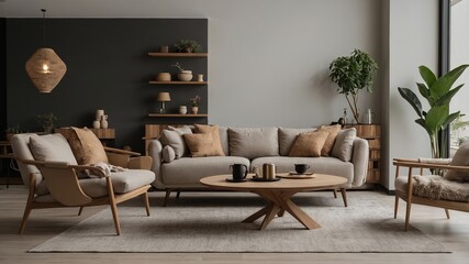 Stylish living room with modern furniture and natural decor featuring cozy seating and warm tones