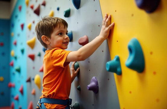 Little boy climbs indoor climbing wall. Wearing orange t-shirt, climbing equipment. Looks concentrated, focused. Photo of healthy lifestyle concept. Child enjoying active recreation. Indoor setting. - Powered by Adobe