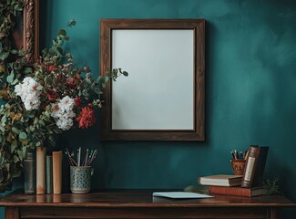 A photograph of a blank frame on the wall, next to it is an elegant vase with flowers and books. On top, there is a desk with stationery.