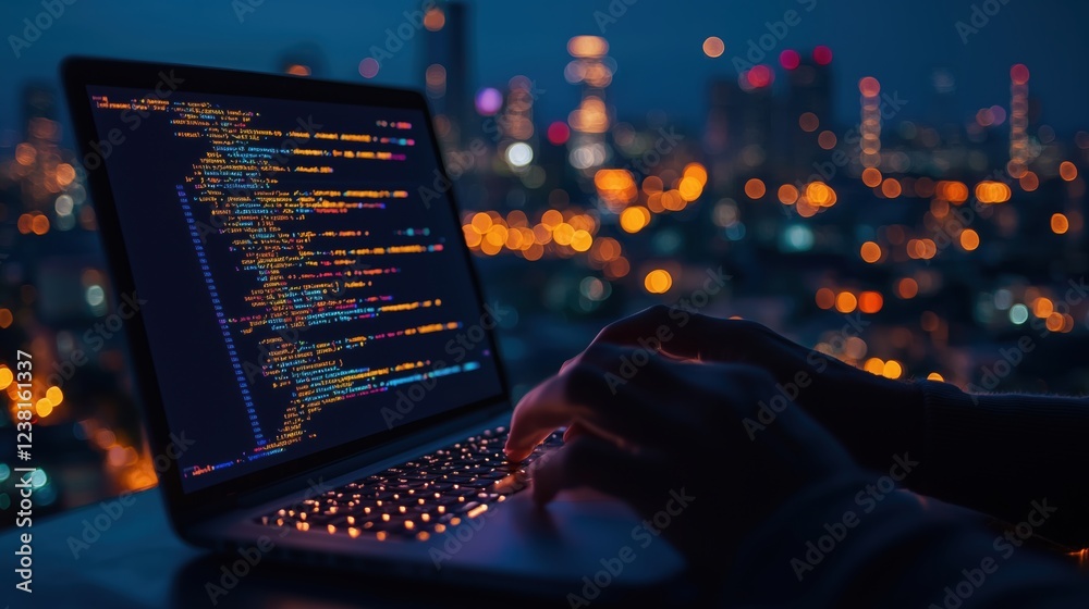 Poster close-up view of programmer's hands typing on laptop with code displayed against cityscape at night 