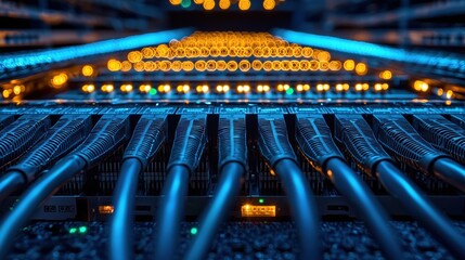 High-Resolution Close-Up of Network Cables and Lights in a Server Room with an Abstract Background of Digital Connections and Technology