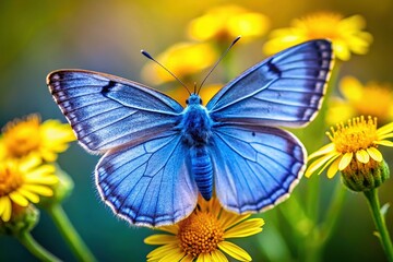 Fototapeta premium Vibrant Butterfly on Sunlit Bloom: Macro Photography of a Blue Butterfly on a Yellow Flower