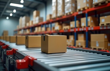 Cardboard boxes move along conveyor belt in warehouse. Automation, efficiency key to modern e-commerce. Packages travel smoothly through fulfillment center. Products ready for shipping to customers.