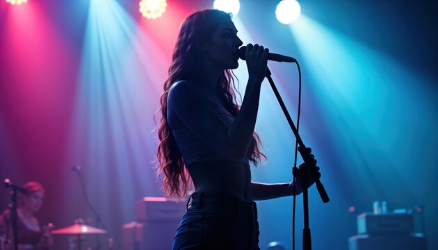 Female vocalist performs on stage under bright stage lights. Sings with passion into microphone. Live music concert ambiance. Nighttime club atmosphere. Performer captivates crowd with energetic