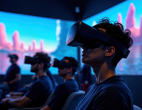 Group of people experience VR tech. Immersive VR headsets on heads. Focuses on new digital entertainment. Modern tech. New tech. Experiential game. Modern devices. Explore. Gaming. Digital. Engulfed