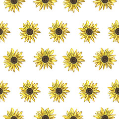 Seamless pattern with sunflower flower. Watercolor. Handmade. Can be used on fabric, textile, wallpaper, wrapping paper