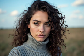 Fototapeta premium Portrait of a beautiful young girl in a gray sweater.