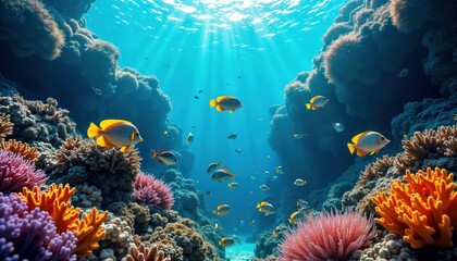 Obraz premium Colorful tropical fish swim among vibrant coral reefs in clear sunlit underwater scene. Marine life thrives in picturesque warm ocean. Sunlight penetrates water creating tranquil, calming atmosphere.