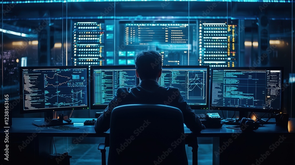 Poster businessman analyzing data on multiple computer screens in a modern office with high-tech displays a