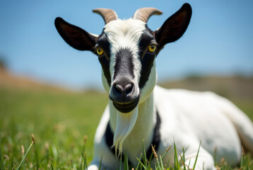 Obraz premium A black and white goat lying on a grassy field.