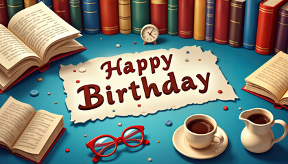 Happy birthday card design features bookish font. Open books, reading glasses surround message. Festive paper craft elements, coffee cups add to literary celebration. Decorative elements emphasize