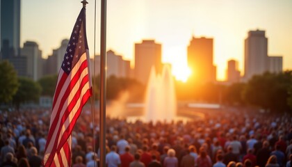 Large crowd gathers outdoors at sunset for memorial ceremony. American flag hangs at half-mast. City skyline visible in background. People stand solemnly. Event honors veterans, first responders.