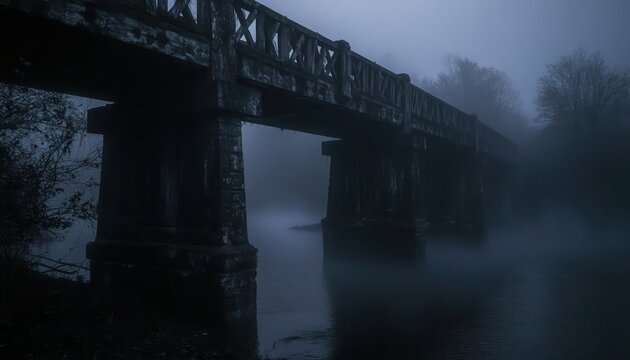 Eerie fog enveloping an old decrepit bridge over dark waters