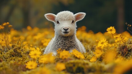 Little sheep among flowers. Little curly lamb in nature.