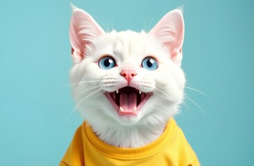White cat in yellow sweater, blue background, happy, joy concept