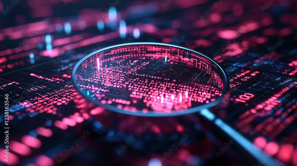Poster abstract digital background featuring data streams with a magnifying glass enhancing information in 
