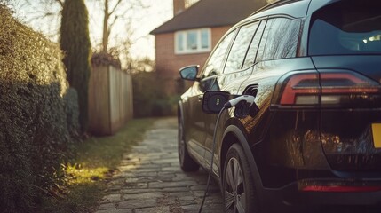 An electric vehicle parked outside a home with a charging cable connected to the car.