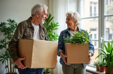 Senior couple happily unpacks boxes in new home filled with houseplants. Excited about relocation to new property. New home reflects downsizing relocation lifestyle with plants decorating home