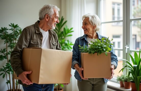 Senior couple happily unpacks boxes in new home filled with houseplants. Excited about relocation to new property. New home reflects downsizing relocation lifestyle with plants decorating home