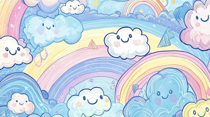 Fototapeta premium Colorful Clouds and Rainbows in a Whimsical Dreamy Landscape