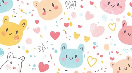 Cute and Colorful Bear Faces with Hearts on White Background