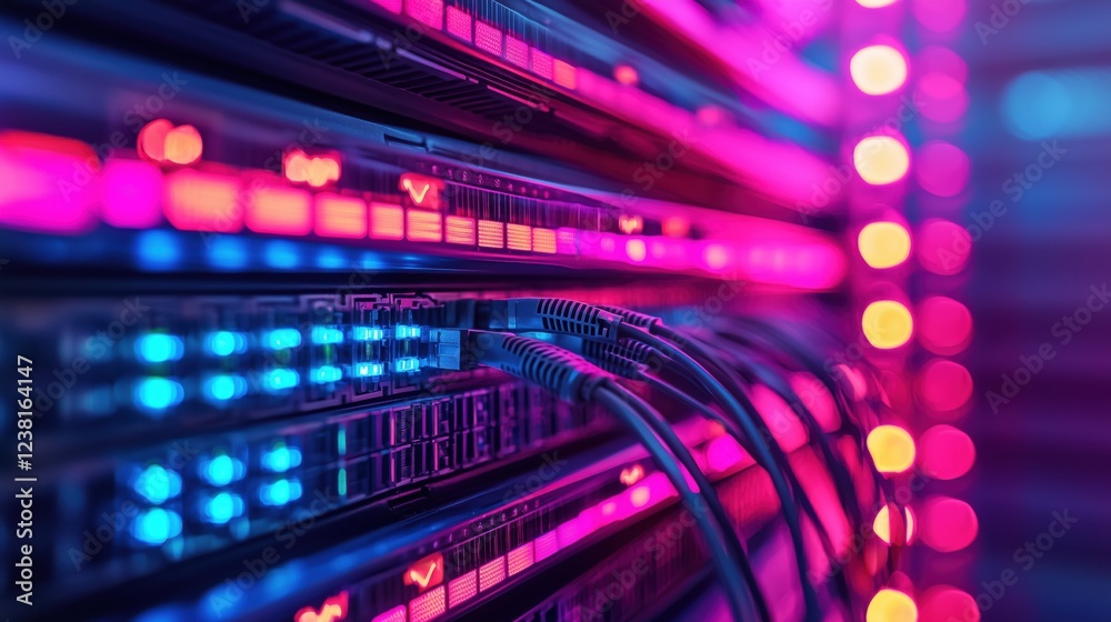 Poster vibrant data center background with illuminated rack servers and colorful cables for technology and 