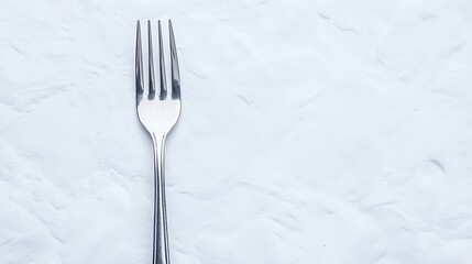 A shiny silver fork resting on a textured white surface, highlighting simplicity and elegance in tableware.