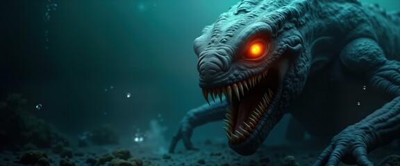 Terrifying sea monster lurks in dark ocean abyss. Glowing eyes create eerie feeling. Underwater creature looks menacing. Dark ocean floor visible. Mystery of deep sea apparent. Fantasy creature with
