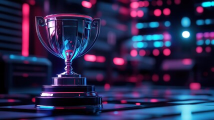 Futuristic holographic award trophy glowing in neon lights virtual environment 3d render