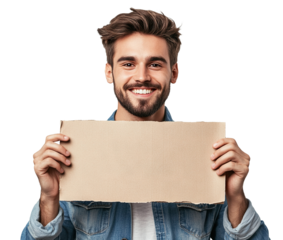 Smiling young man holding a blank paper sign, isolated on transparent cutout