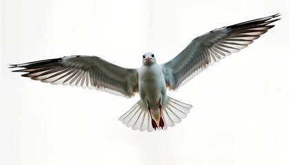 Beautiful white seagull soars freely in sky. Wings wide open, in flight against pure white background. Aquatic bird in motion. Symbol of freedom, nature. Perfect for nature lover clients. Also great