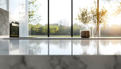 Modern kitchen countertop with floral arrangements and window view
