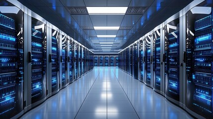 Fototapeta premium Futuristic Data Center Interior with Illuminated Server Racks and Bright Blue Lighting in a Modern Environment