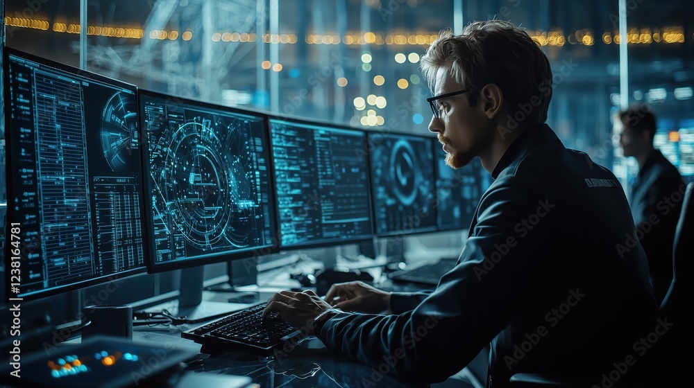 Poster focused male analyst working with multiple screens displaying complex data visualizations in a moder