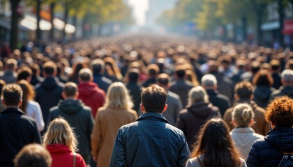 Large crowd of people walking on city street. Many individuals are walking in same direction. Urban scene. Possible event or commute. No specific time indicated. A lot of people are walking forward.