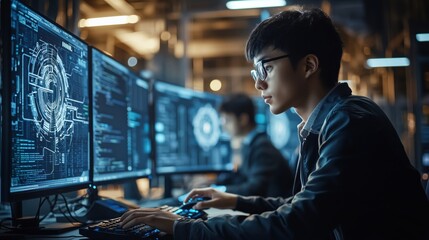Young Male Programmer Working on Multiple Computer Screens with Advanced Code and Data Visualization in a Modern Technology Environment