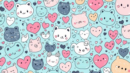 Cute Cartoon Animals with Hearts on Blue Background Pattern